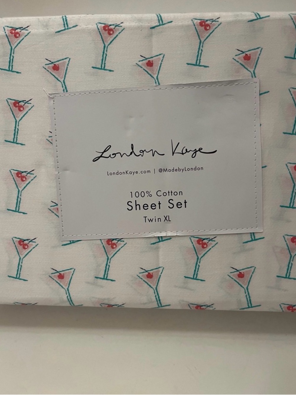 London Kaye Twin XL Size Cotton Sheet Set Martini Glasses Print White Pink Green - Picture 2 of 12